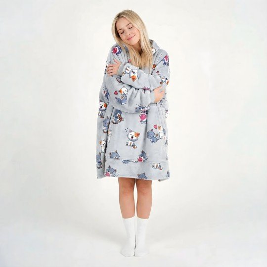 Super Soft Blanket Hoodie Robe - Lazy Robe Grey Cats 100 cm