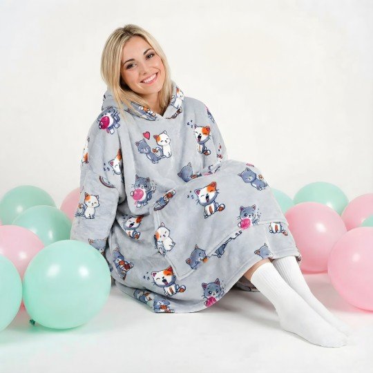 Bardzo Miękki Szlafrok Kocobluza Lazy Robe Szare Koty 100 cm, zdjęcie 7