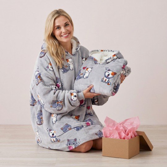Bardzo Miękki Szlafrok Kocobluza Lazy Robe Szare Koty 100 cm, zdjęcie 9