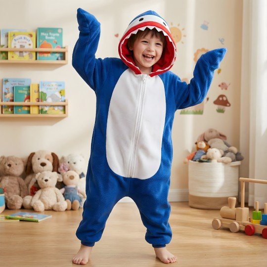 Onesie Kigurumi Pyjama Costume Fancy Dress Navy Shark Kids, photo 2