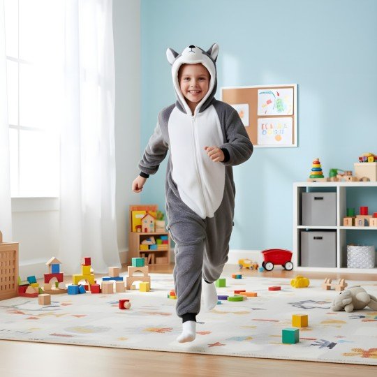 Onesie Kigurumi Pyjama Costume Fancy Dress Grey Husky Kids, photo 4