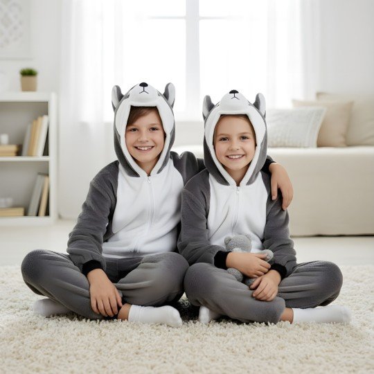 Onesie Kigurumi Pyjama Costume Fancy Dress Grey Husky Kids, photo 2