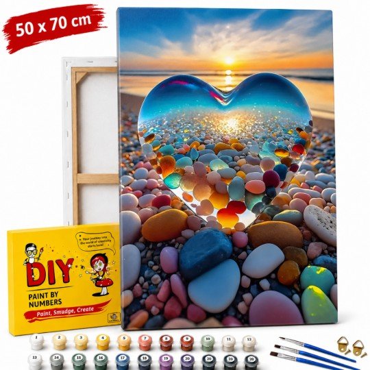 Paint by Numbers Painting with Frame - Glass Heart on the Beach 50x70 cm