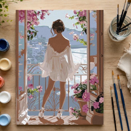 Paint by Numbers Painting with Frame - Morning on the Balcony 50x70 cm, photo 4