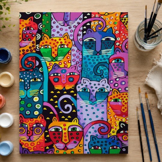 Paint by Numbers Painting with Frame - Colourful Cats 50x70 cm, photo 4
