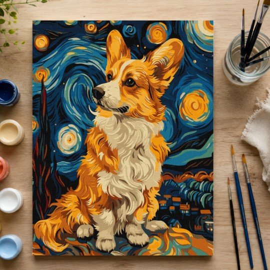 Obraz do malowania po numerach z ramą Corgi pod Gwiazdami 50x70 cm, zdjęcie 4