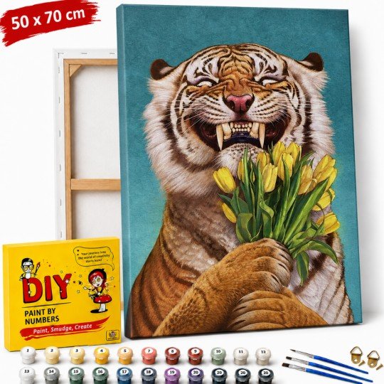 Paint by Numbers Painting with Frame - Tiger with Flowers 50x70 cm