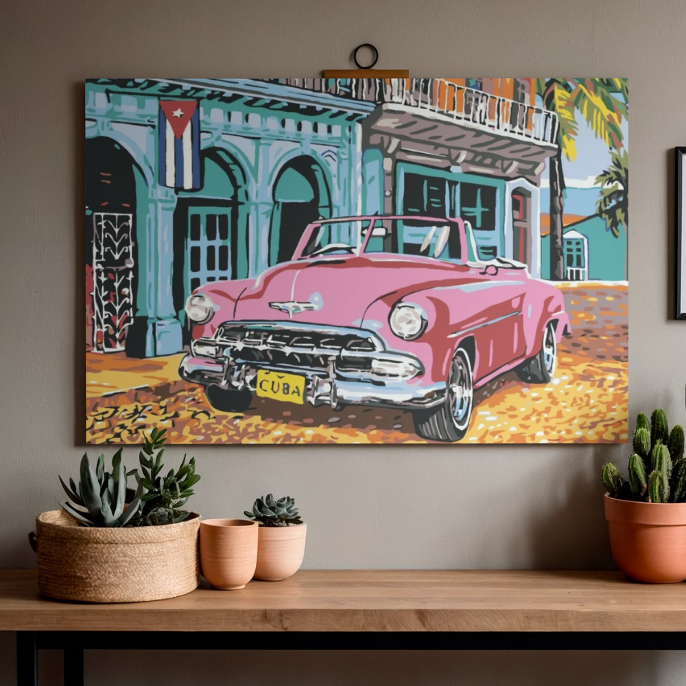 Paint by Numbers Painting with Frame - Pink Convertible in Cuba 70x50 cm, photo 2