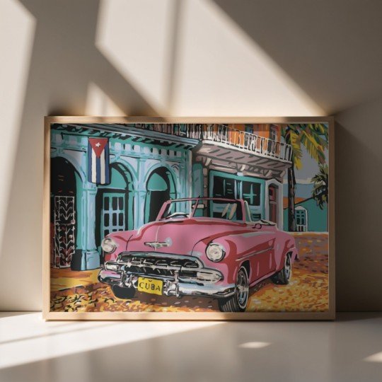 Paint by Numbers Painting with Frame - Pink Convertible in Cuba 70x50 cm, photo 4