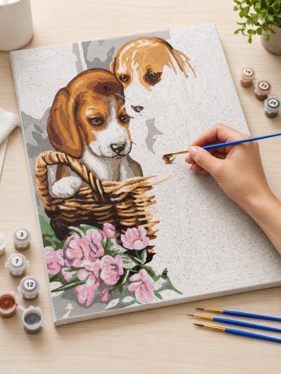 PAINT BY NUMBERS WITH FRAME Paintings - Dogs in a Basket 40 x 50 cm, photo 5