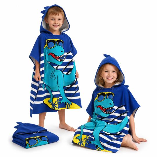 Kids' Poncho Towel with Hood for the Pool, 120 cm - Dinosaur
