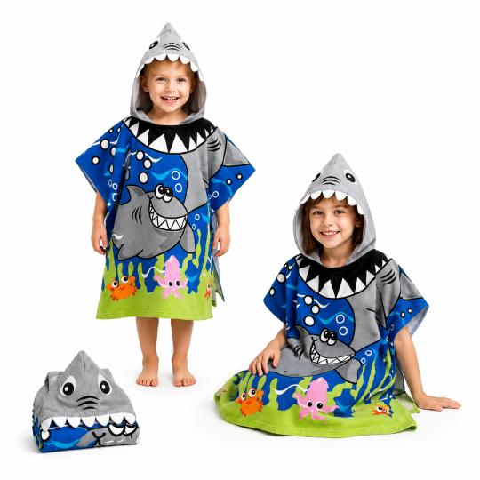 Kids' Hooded Pool and Beach Poncho Towel 150 cm Shark