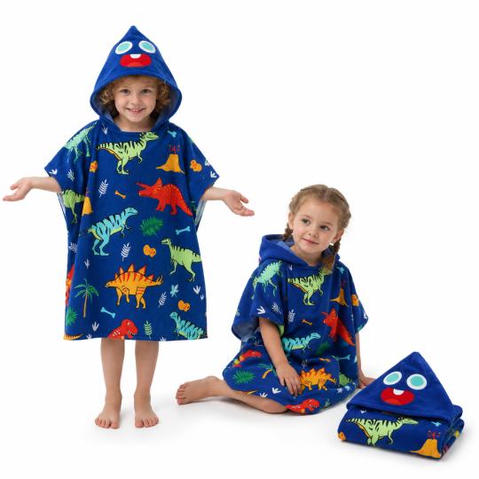 Kids' Hooded Poncho Towel 150 cm Blue Dinosaur