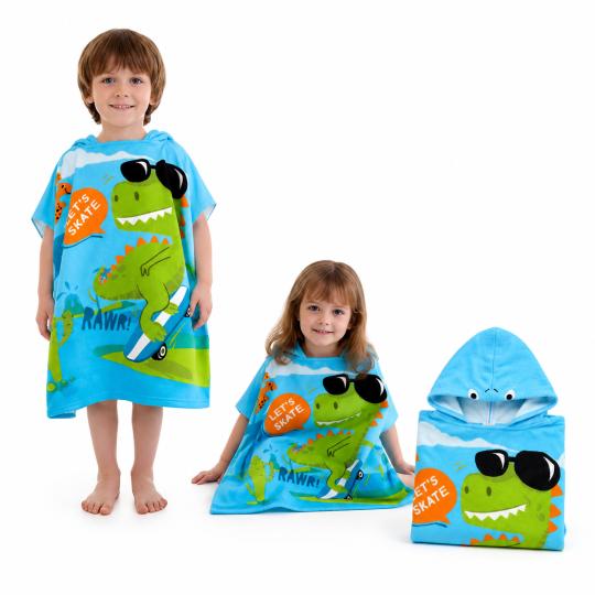 Kids' Hooded Poncho Towel 150 cm Dinosaur on a Skateboard