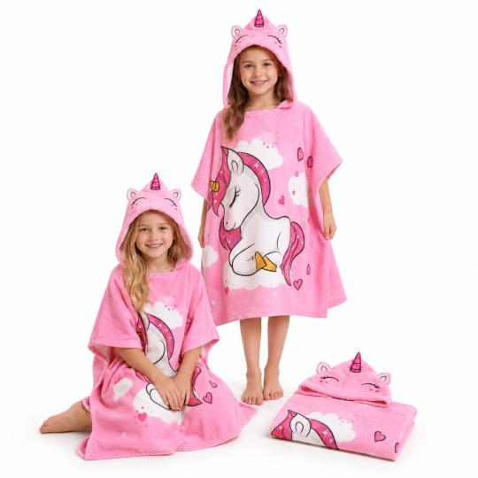 Kids' Hooded Pool Poncho Towel 150 cm Pink Unicorn