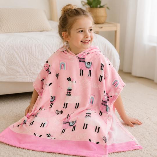 Ręcznik poncho dziecięcy 170 cm z kapturem na basen i plażę Lama, zdjęcie 8
