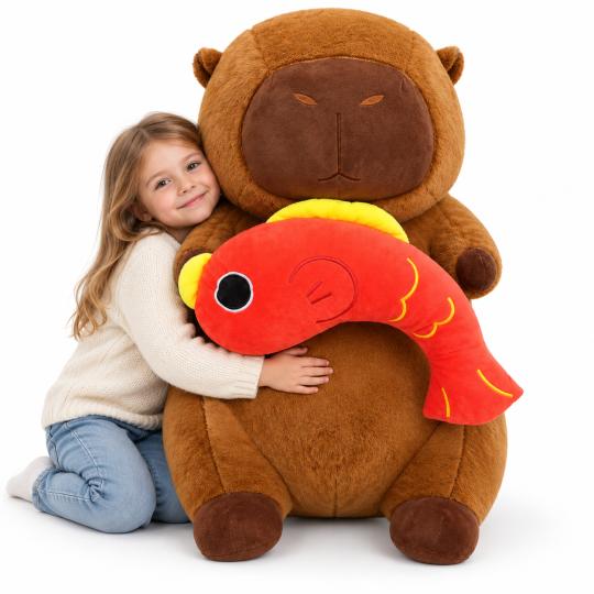 Large Plush Mascot Pillow Toy Capybara with Fish 100 cm