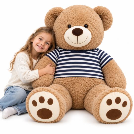 Large Plush Mascot Beige Bear in T-Shirt Black Stripes 100 cm