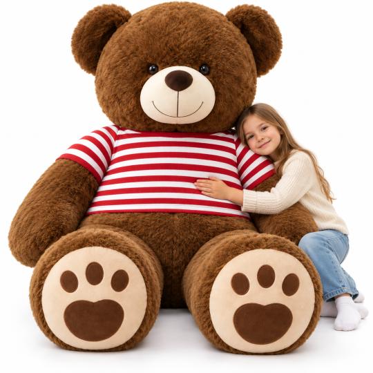 Large Plush Mascot Brown Bear in T-Shirt Red Stripes 200 cm
