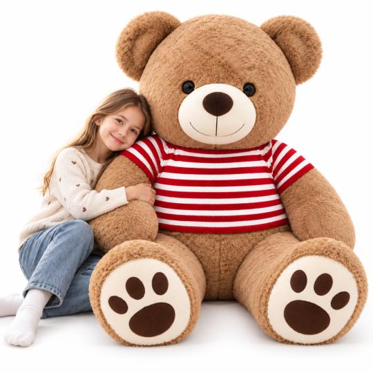 Large Plush Mascot Beige Bear in T-Shirt Red Stripes 160 cm