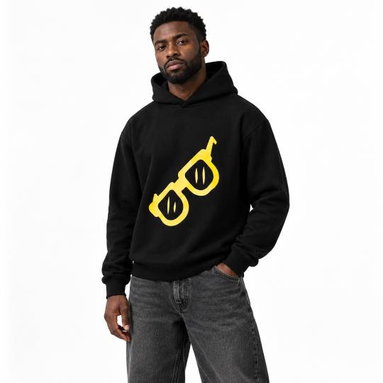Black Oversized Hoodie with Trendy Glasses Motif, Stylish and Comfortable