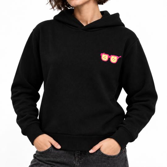 Czarna Bluza Oversized z Modnym Motywem Okularów, Stylowa i Wygodna, zdjęcie 7