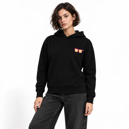 Black Oversized Hoodie with Trendy Glasses Motif, Stylish and Comfortable