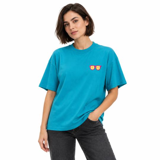 Turquoise Oversized T-Shirt with Trendy Glasses Motif, Comfortable