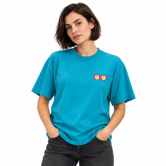 Turkusowa Koszulka Oversized z Modnym Motywem Okularów Wygodna, zdjęcie 6