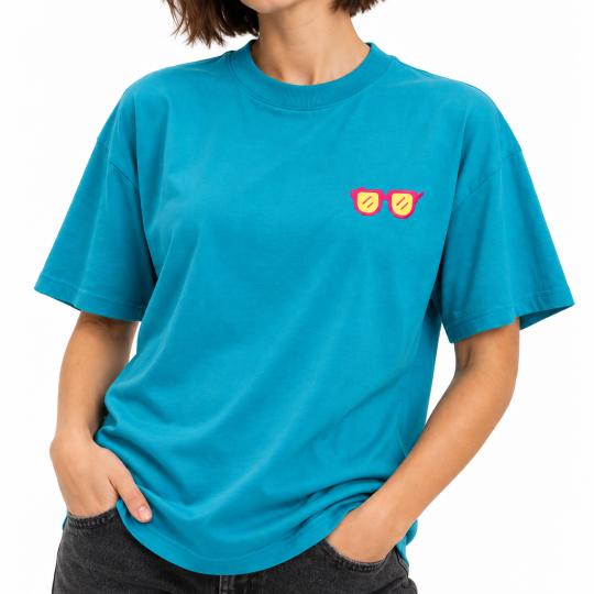 Turkusowa Koszulka Oversized z Modnym Motywem Okularów Wygodna, zdjęcie 7