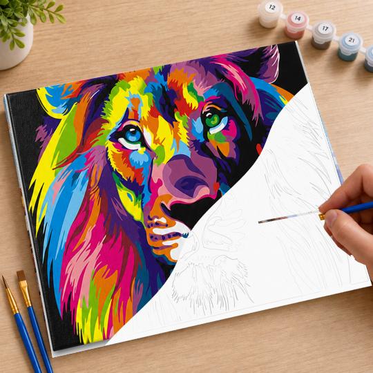 MALOWANIE PO NUMERACH Z RAMĄ Obrazy do malowania - Kolorowy Lew 50x40 cm, zdjęcie 7