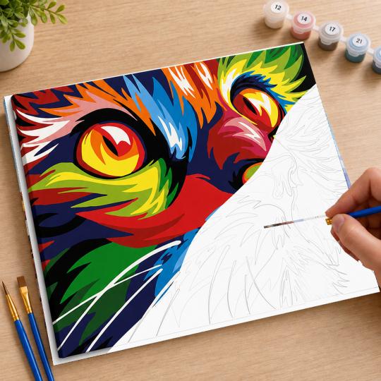 MALOWANIE PO NUMERACH Z RAMĄ Obrazy do malowania - Kolorowy kot 50x40 cm, zdjęcie 7