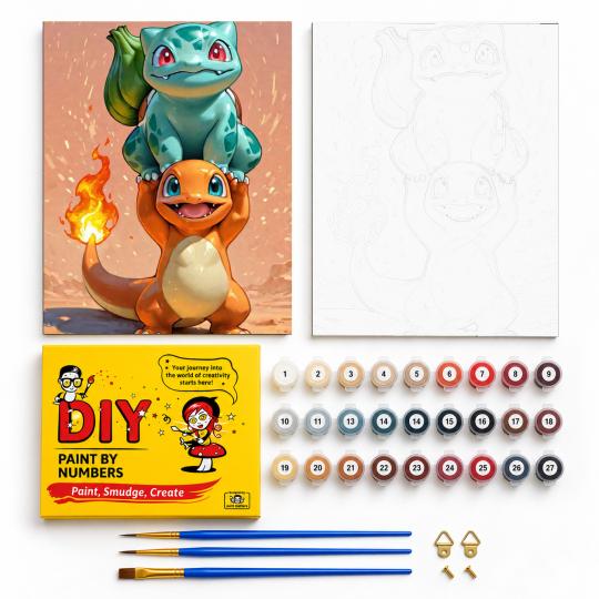 PAINT BY NUMBERS WITH FRAME Paintings to Paint - Pokemon Bulbasaur and Charmander 40x50 cm, photo 2