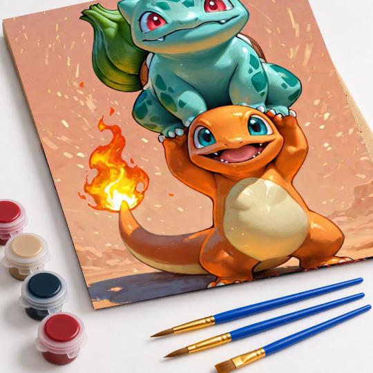 PAINT BY NUMBERS WITH FRAME Paintings to Paint - Pokemon Bulbasaur and Charmander 40x50 cm, photo 4