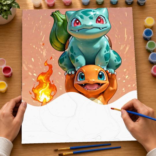 PAINT BY NUMBERS WITH FRAME Paintings to Paint - Pokemon Bulbasaur and Charmander 40x50 cm, photo 6