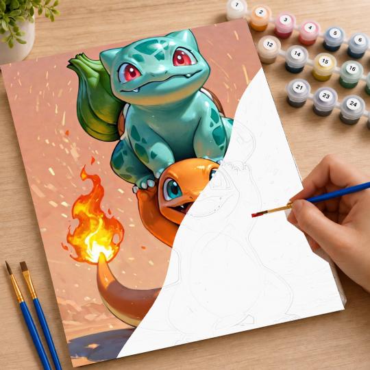 PAINT BY NUMBERS WITH FRAME Paintings to Paint - Pokemon Bulbasaur and Charmander 40x50 cm, photo 7