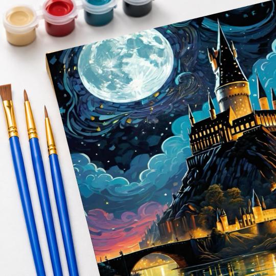 PAINT BY NUMBERS WITH FRAME Paintings to Paint - Harry Potter - Hogwarts School at Night 40x50 cm, photo 5