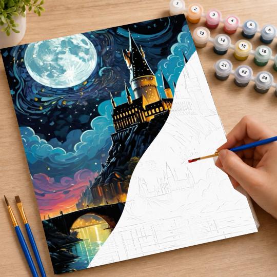 PAINT BY NUMBERS WITH FRAME Paintings to Paint - Harry Potter - Hogwarts School at Night 40x50 cm, photo 7