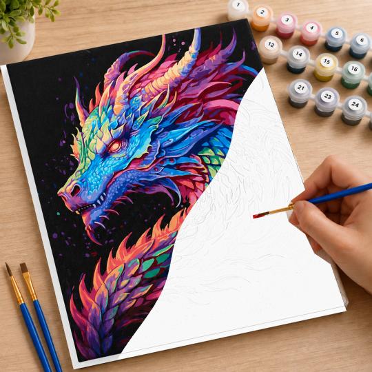 MALOWANIE PO NUMERACH Z RAMĄ Obrazy do malowania Kolorowy smok 50x40 cm, zdjęcie 7