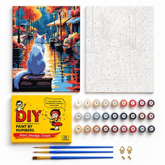 Paint by Numbers Picture White Cat in the City 40x50 cm, photo 2